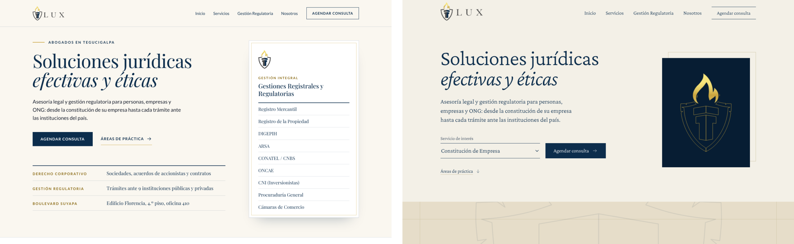 Desktop first screen of the Lux Corporación Legal website, side by side: built alone, then directed.