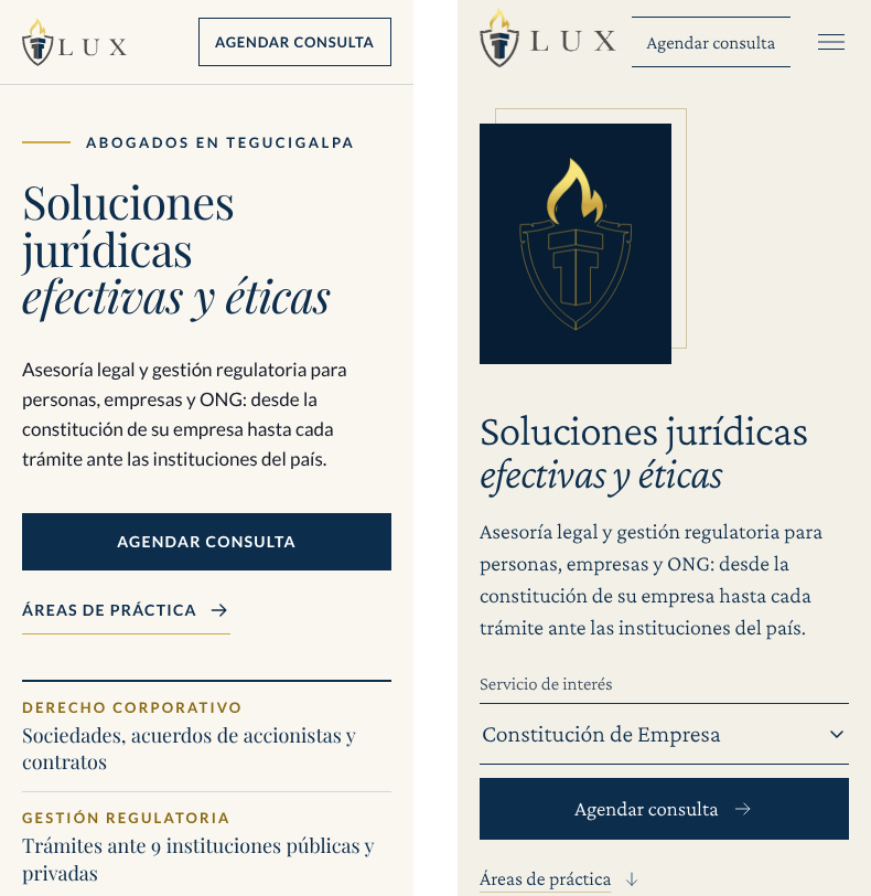 Phone first screen of the Lux Corporación Legal website, side by side: built alone, then directed.