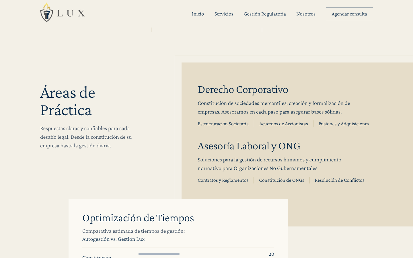 The practice areas section of the Lux Corporación Legal website after direction: a tan block running off the right edge with a card over its corner.