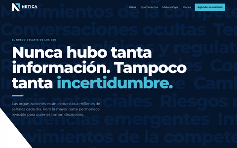 Looping screen recording of the finished Netica website: its home page scrolling from the top in a desktop window 1440 pixels wide. It shows a headline over a dark wall of words, then a diagonal edge that wipes the dark screen into a white one as the page scrolls.