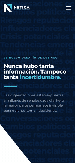 Looping screen recording of the finished Netica website: its home page scrolling from the top in a phone-sized window 375 pixels wide. It shows a headline over a dark wall of words, then a diagonal edge that wipes the dark screen into a white one as the page scrolls.
