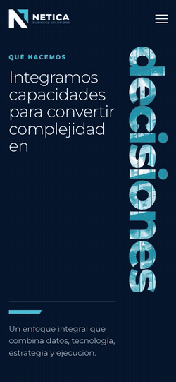 Looping screen recording of the finished Netica website: its services page scrolling from the top in a phone-sized window 375 pixels wide. It shows a headline with one very large word set on its side, then the services set as text.