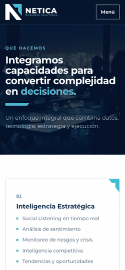 Looping screen recording of the first build of the Netica website, the starting line: its services page scrolling from the top in a phone-sized window 375 pixels wide. It shows a headline over a dark photograph, then service cards one under another.