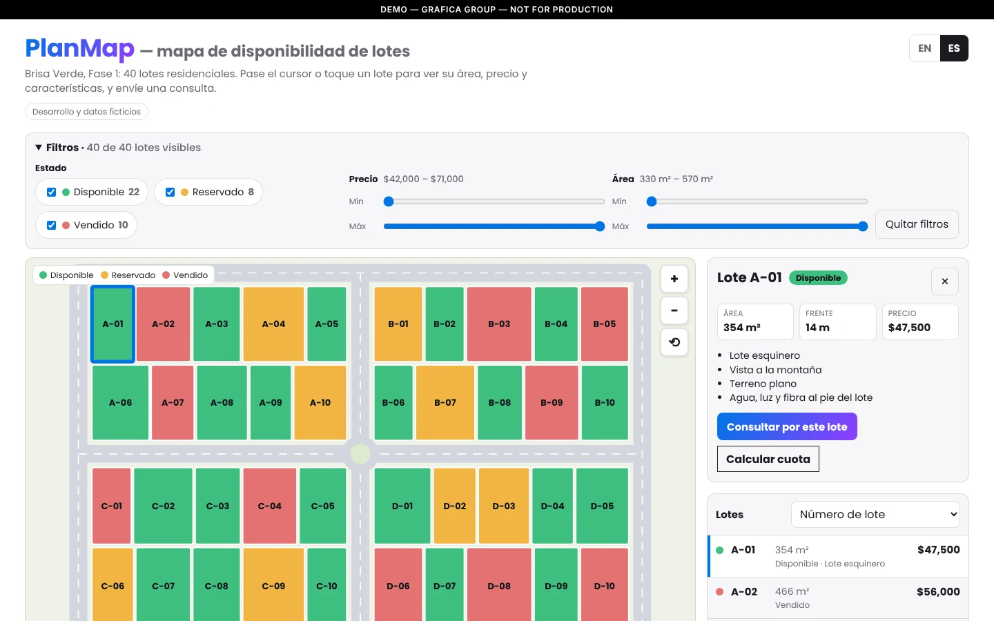 Plano de 40 lotes en verde, amarillo y rojo según su estado, con la ficha del lote A-01 abierta a la derecha