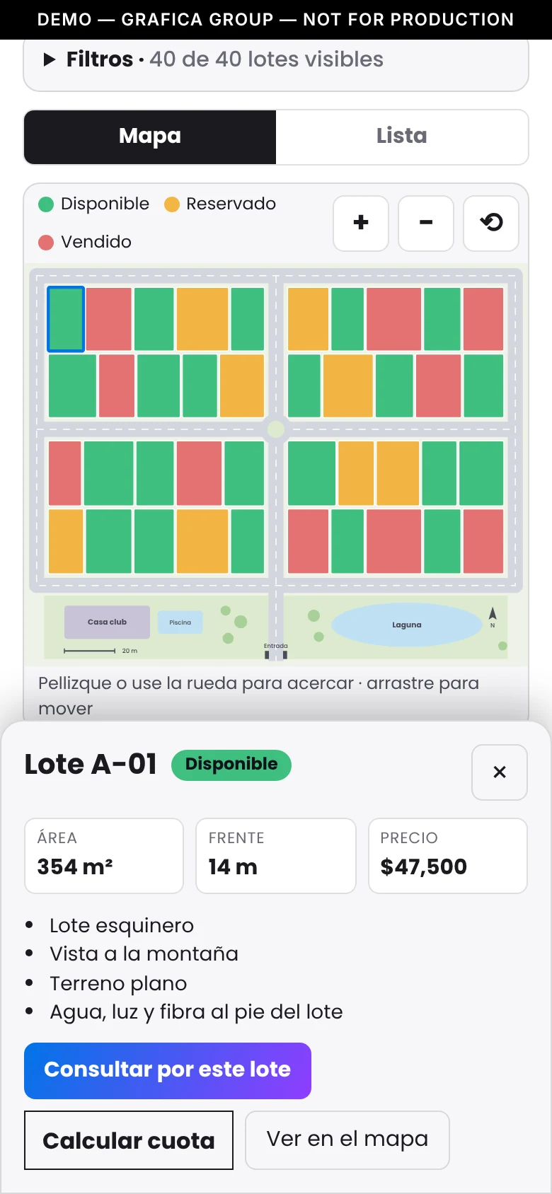 PlanMap a ancho de teléfono: el plano arriba y la ficha del lote A-01 abajo, con los botones de consulta y de cuota