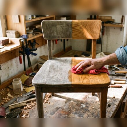A hand rubbing a red cloth over a wooden chair on a workbench, half of the chair still grey and weathered and the other half restored to a warm oak finish.