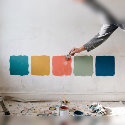A hand with a small brush painting the third of five colour test patches, teal, mustard, coral, sage and navy, in a row on a white wall above a dust sheet and paint tins.