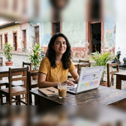 A young woman with dark wavy hair in a mustard t-shirt at a wooden café table on a cobbled street of low, colourful house fronts, one hand on an open laptop, an iced coffee and a notebook beside it, looking at the camera with a slight smile.