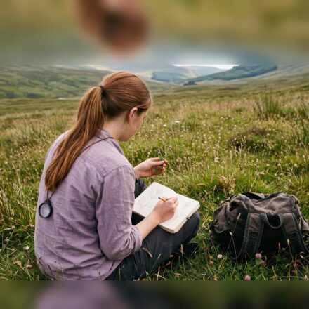 A woman with a red ponytail sitting in upland grass, seen from behind, drawing a plant in a field notebook, a rucksack beside her.