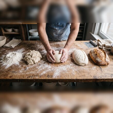 A baker's hands shaping dough on a floured wooden table, with the five stages of a loaf laid in a row from flour to the baked bread.