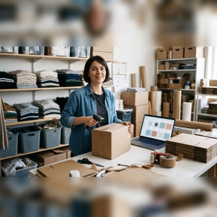 A woman with a short dark bob in a denim overshirt at the packing table of a small online shop, holding a handheld scanner over a taped cardboard parcel and smiling at the camera, a laptop with a grid of product tiles beside her and shelves of folded clothes behind.